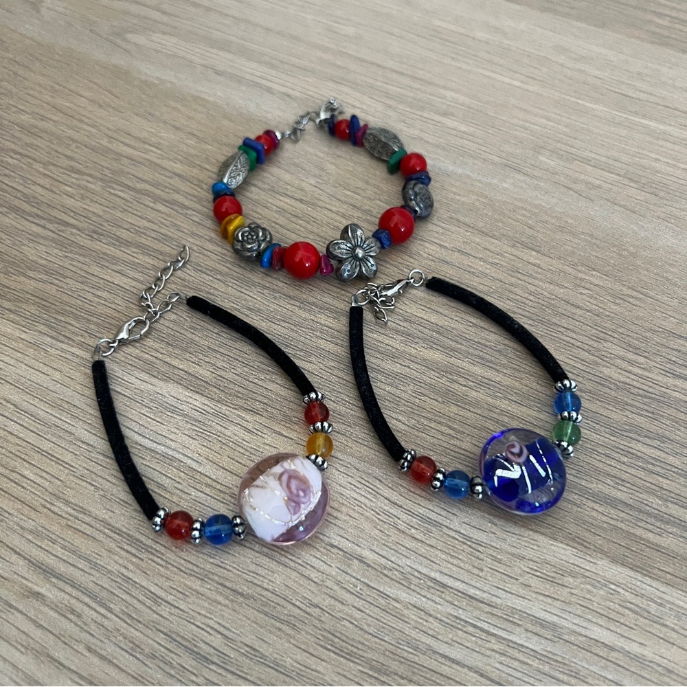 3 Bracelets Beaded Floral Marble Set
